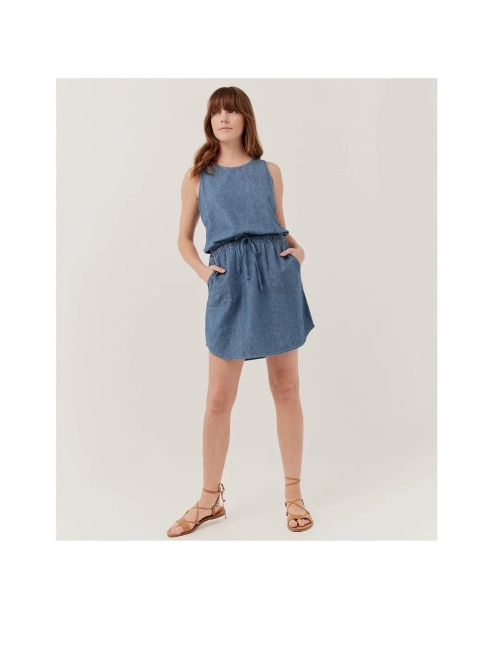 Pact Sleeveless Blue Chambray Drawstring Waist Dress Size Large